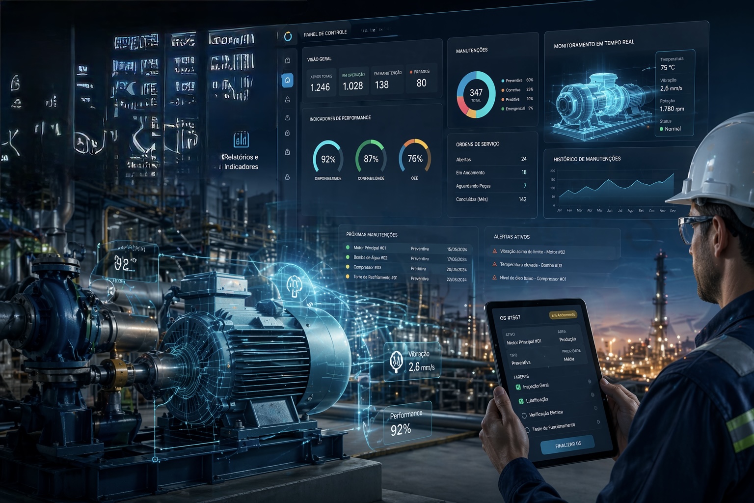 Técnico de manutenção com tablet e visualização digital de equipamento industrial com indicadores em ciano e laranja